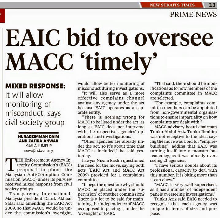 EAIC bid to oversee MACC timely