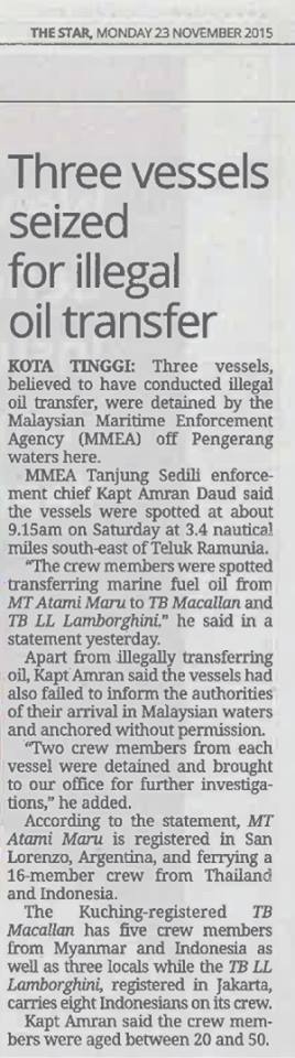 Three Vessels seized for illegal oil transfer