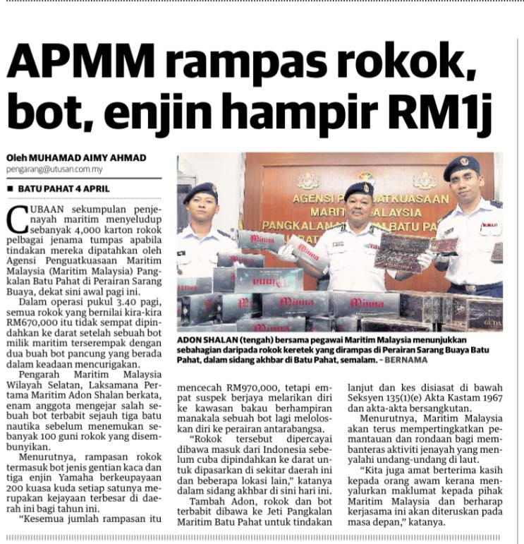 APMM rampas rokok bot enjin hampir RM1j