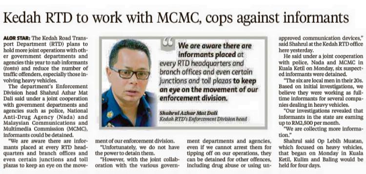 Kedah RTD to work with MCMC cops against informants